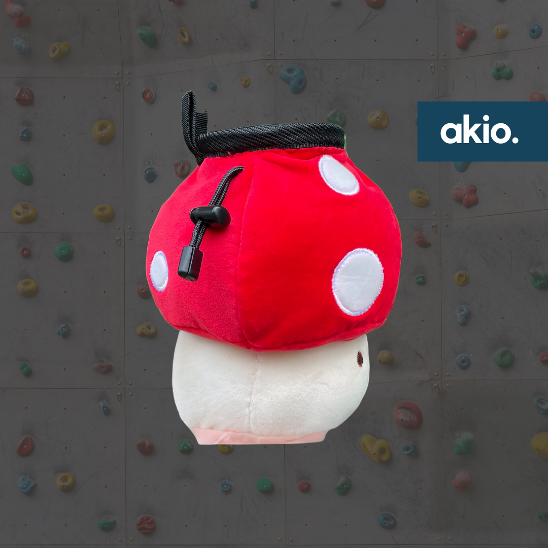 Red Mushroom Chalk Bag, side view showing drawstring closure